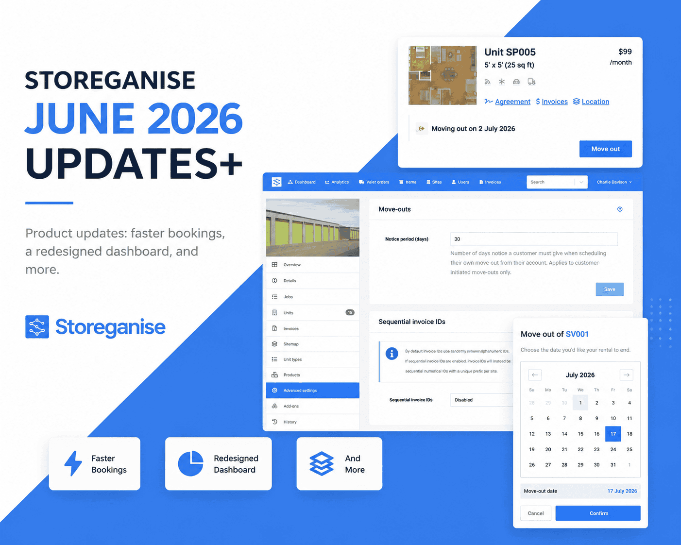 Storeganise June 2026 product updates featuring faster bookings and redesigned dashboard