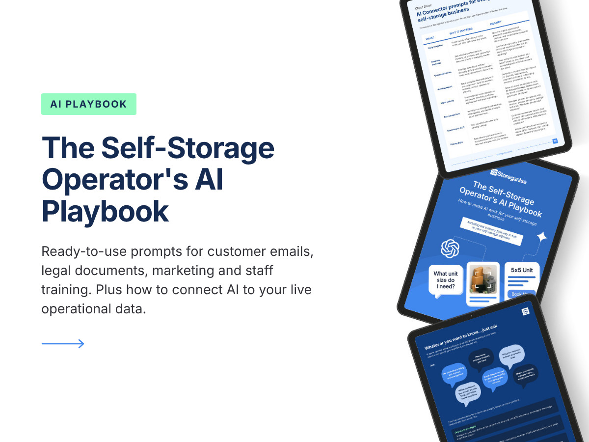 The Self-Storage Operator’s AI Playbook ebook: cover and pages with ready-to-use AI prompts for self-storage operators