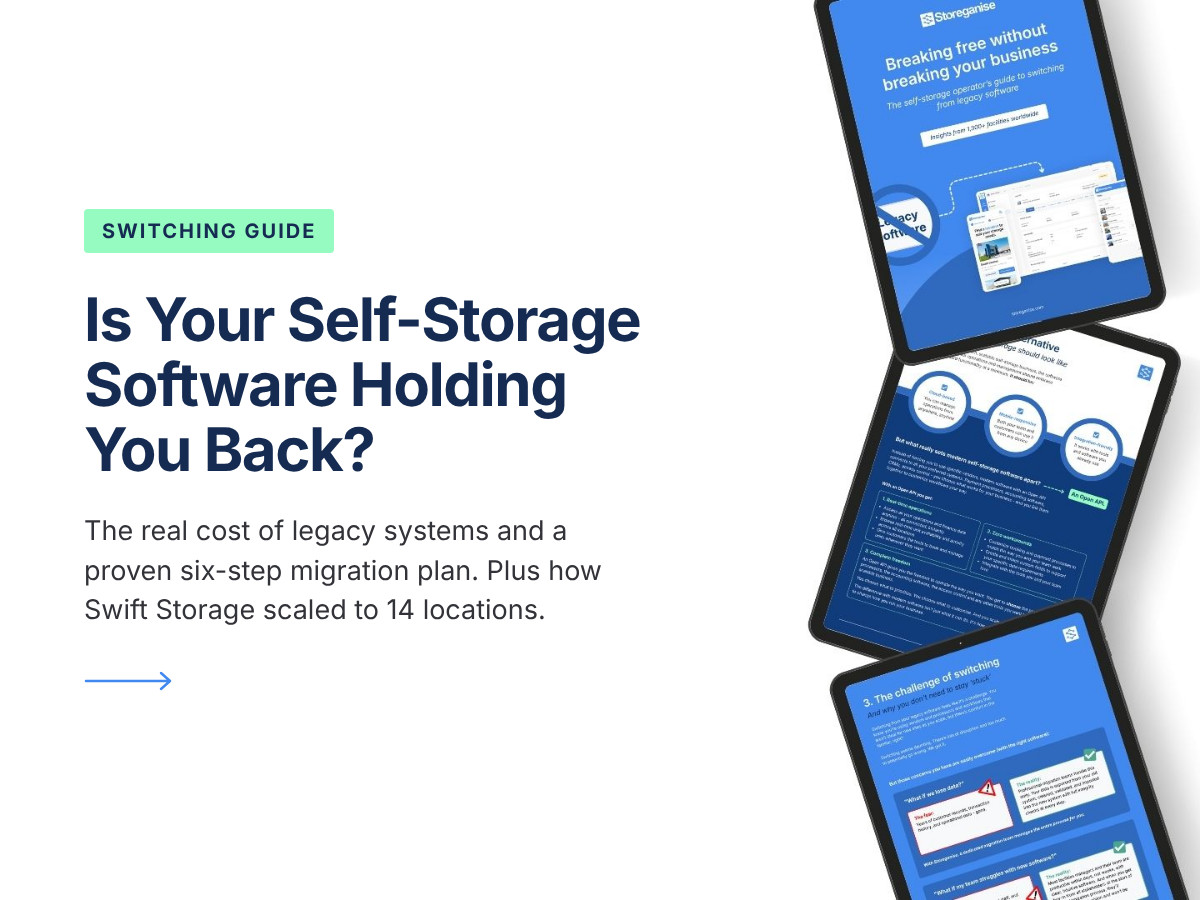 Is Your Self-Storage Software Holding You Back? ebook: cover and pages from the guide to switching from legacy software