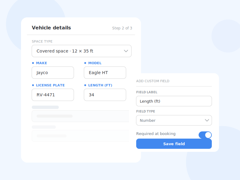 Online booking form capturing custom vehicle details, make, model, plate and length, with a custom-field builder.