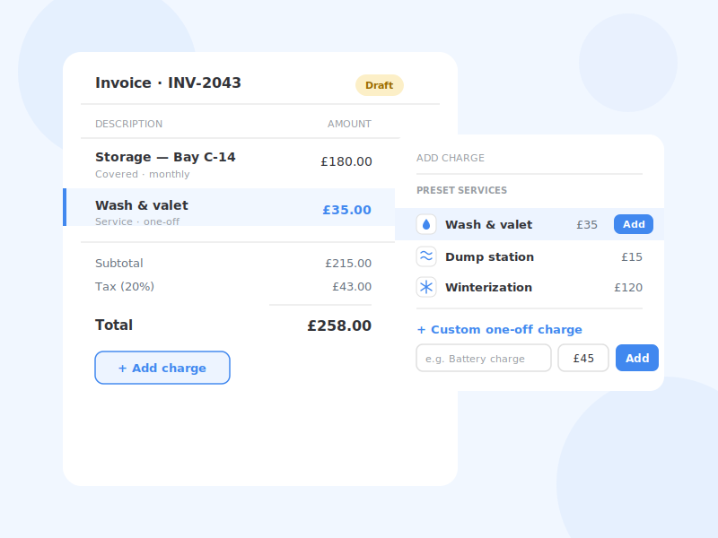Invoice with a preset service charge added, beside an add-charge menu of preset services and a custom one-off charge field.