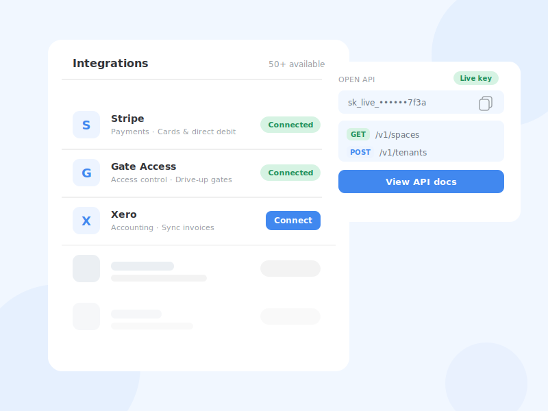Integrations list for payments, gate access control and accounting, beside an Open API panel with a live key and endpoints.