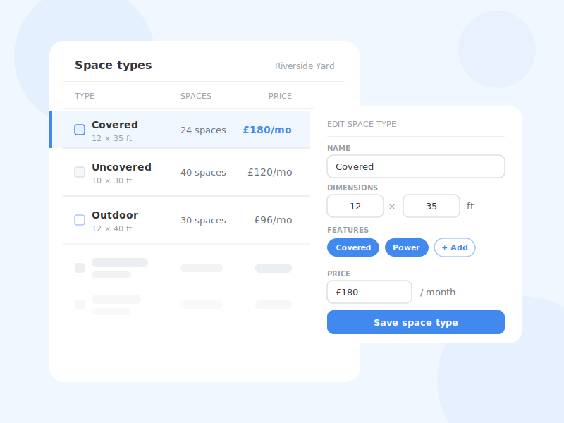 Space-types list with sizes, counts and prices, beside an editor for a space type's name, dimensions, features and price.