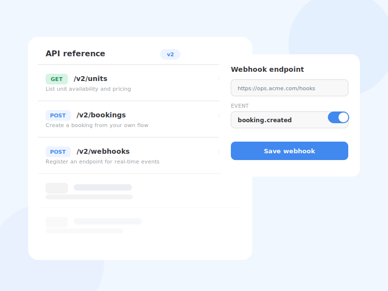Developer dashboard showing API endpoint reference alongside a webhook endpoint configuration panel.