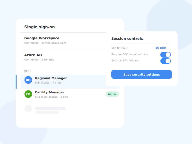 SSO settings panel showing Google and Azure AD login with role permissions and session controls.