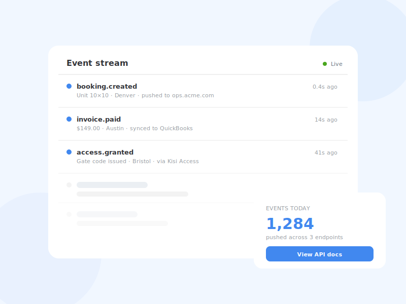 Live webhook event stream showing booking, invoice and access events pushed to external systems.