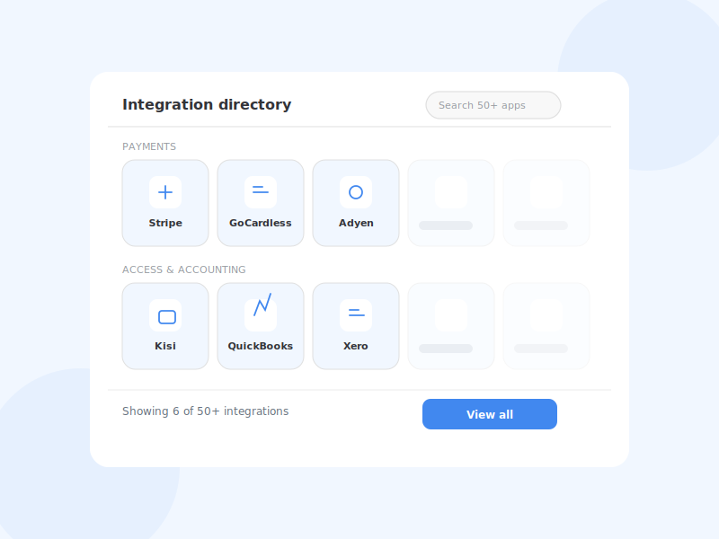 Integration directory grid showing payment, access and accounting app icons with a search bar.