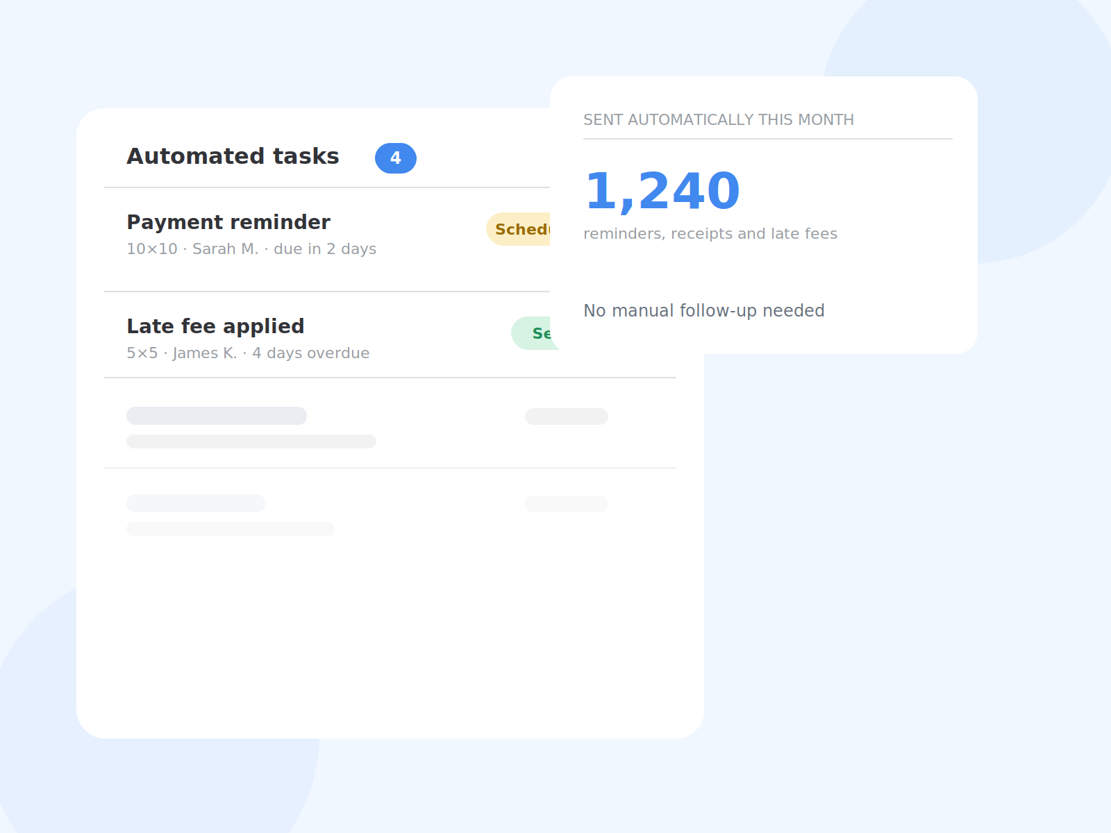 Automated reminder and late fee list showing 1,240 tasks sent automatically each month.