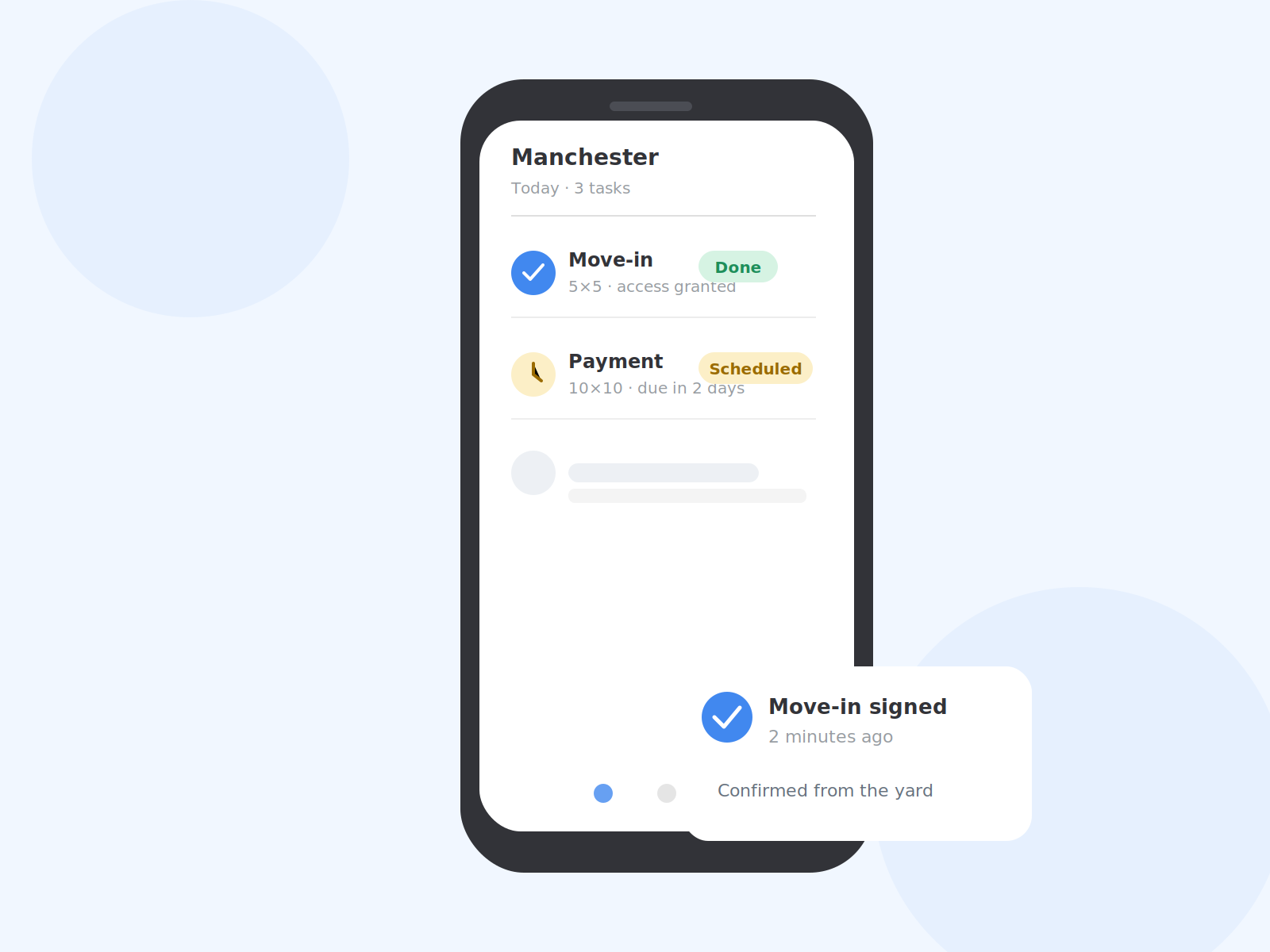 Mobile app view on a phone showing daily tasks and a confirmed move-in signature.
