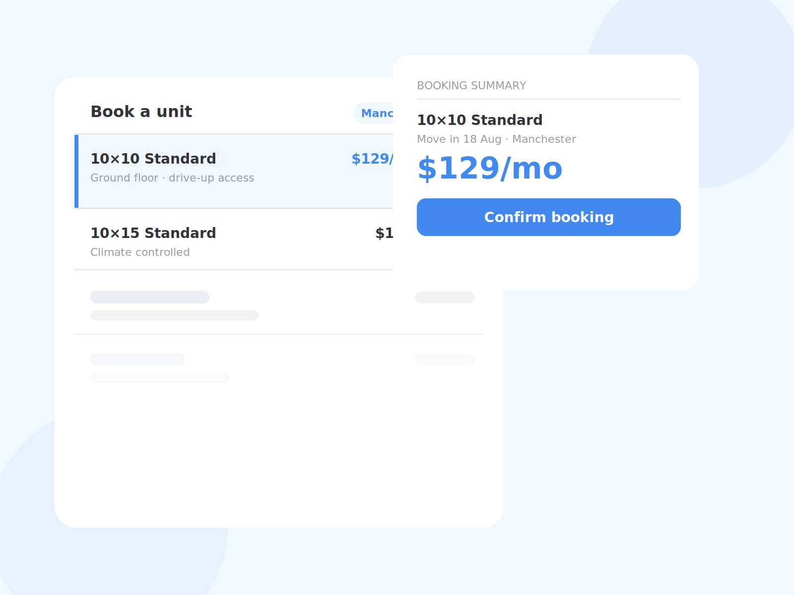 Customer booking portal showing unit selection and a completed booking summary.