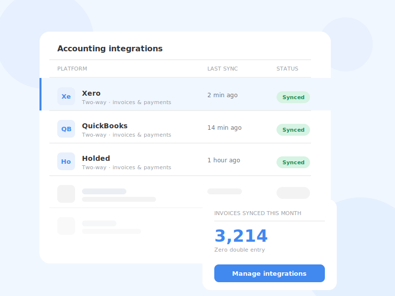 Two-way accounting sync status for Xero, QuickBooks and Holded with synced invoice count.