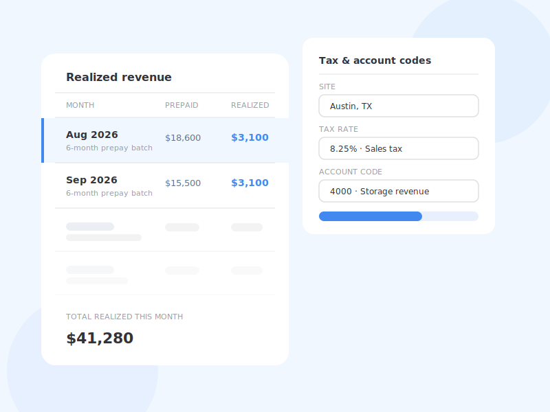 Realized revenue allocation by month next to tax rate and account code settings.