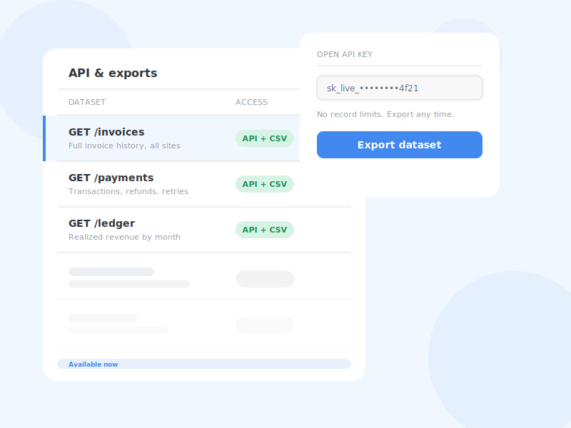 API and export list of invoice, payment and ledger datasets with an API key.
