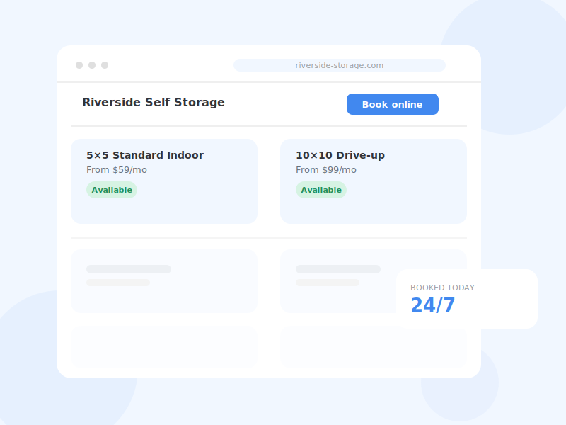 Self-storage website preview with unit listings, pricing and a 24/7 booking button