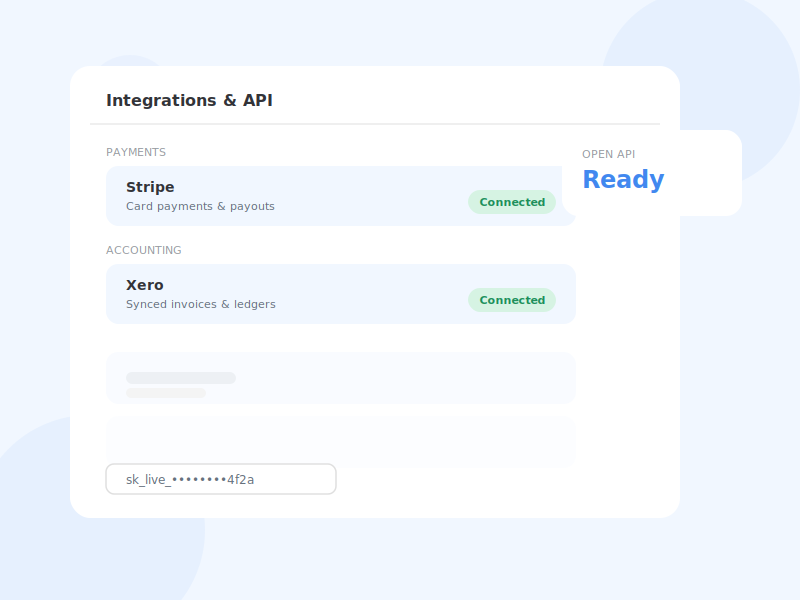 Integrations panel showing Stripe and Xero connected plus an API key field