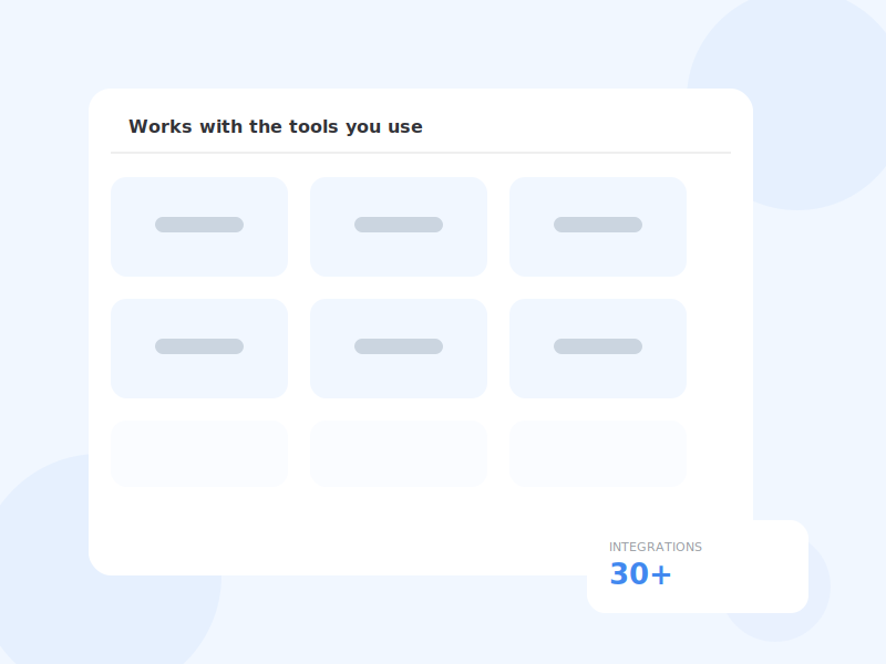 Grid of integration partner logo placeholders with a "30+ integrations" badge