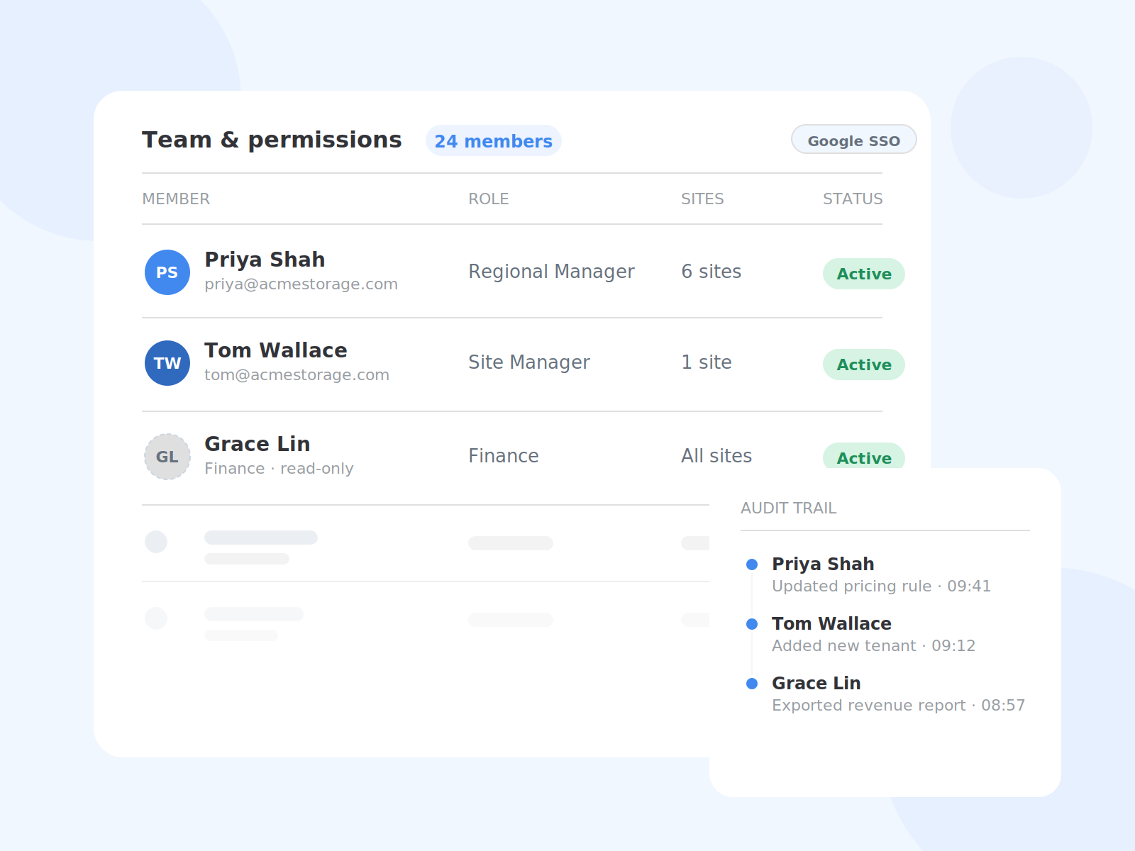 Team roles and permissions table with an audit trail log of recent user actions.