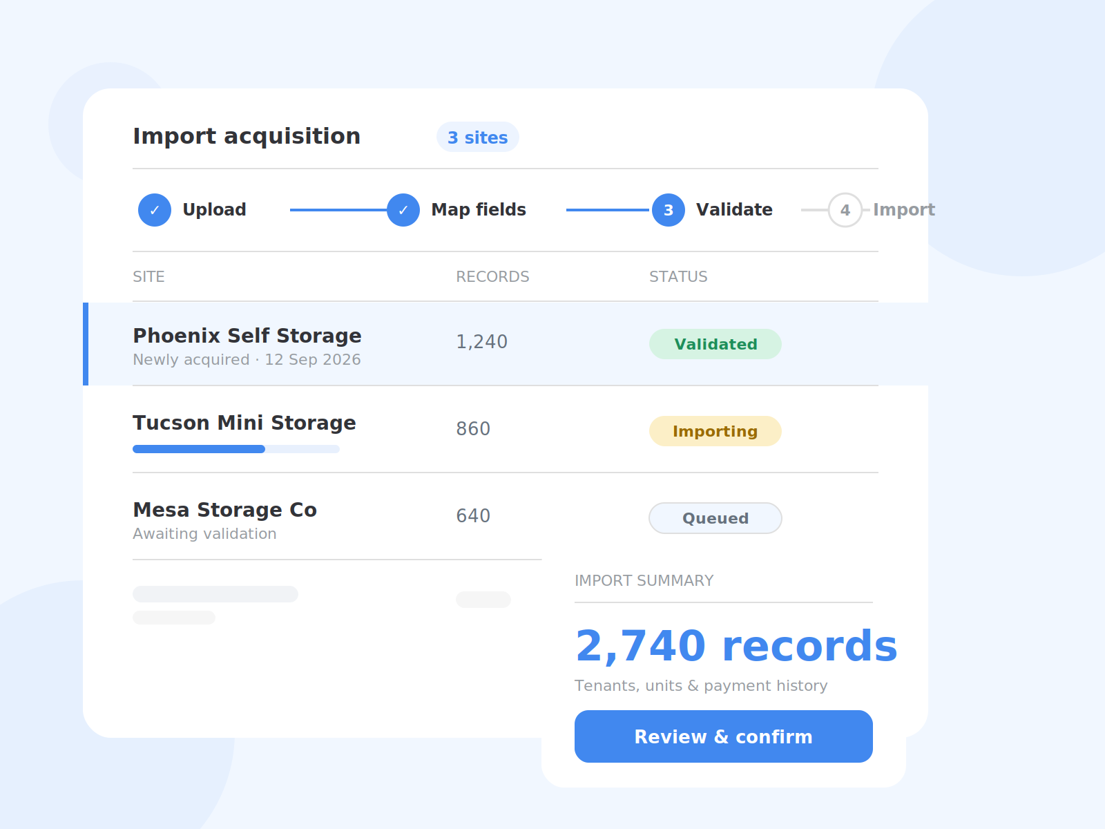 Bulk import wizard showing multi-site data validation progress and an import summary.