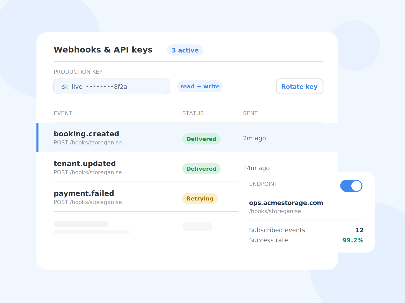 Webhooks and API key management with a live event delivery log.