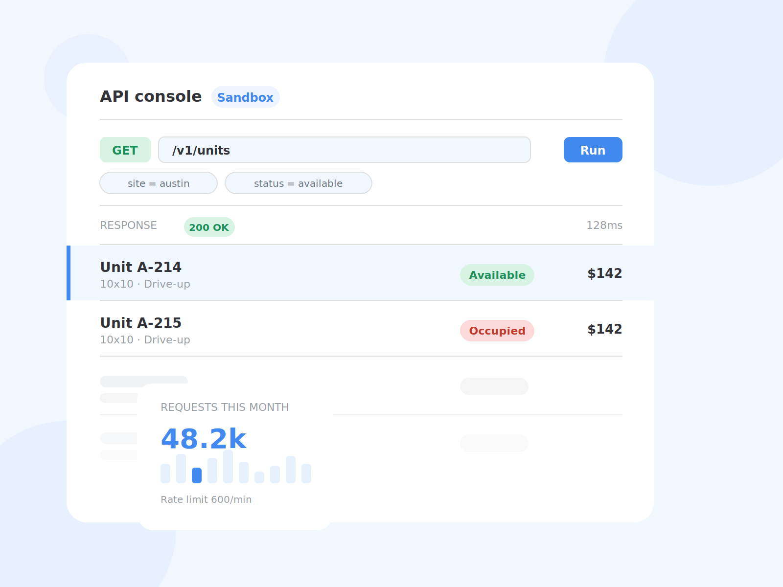 API console showing a live request against the units endpoint and monthly usage stats.