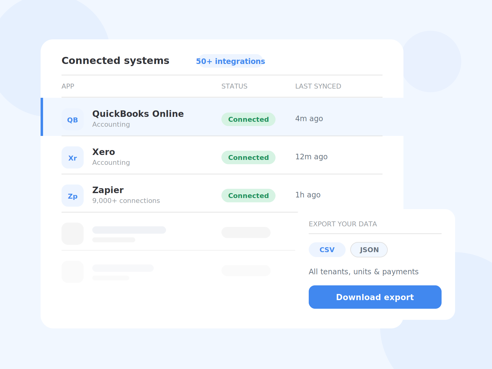 Connected systems list showing accounting and automation integrations with a data export panel.