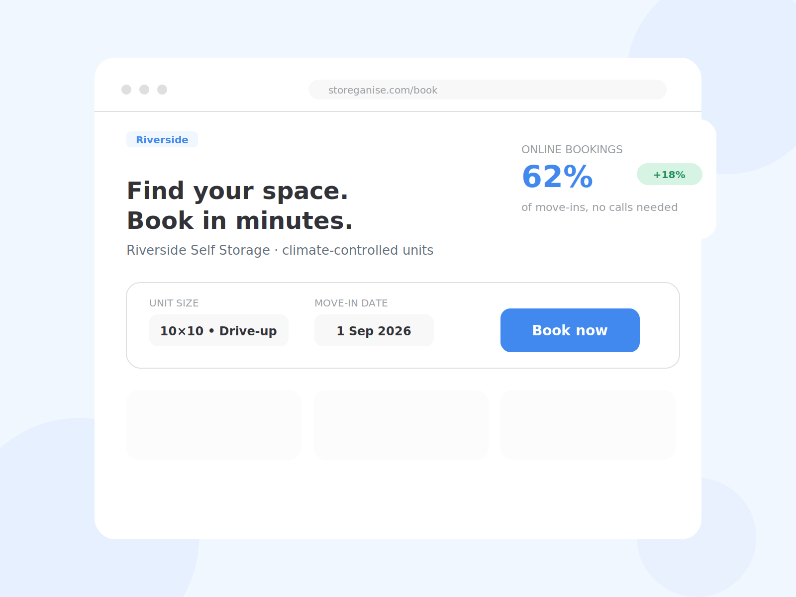 Self-storage marketing website hero with unit search and book now button