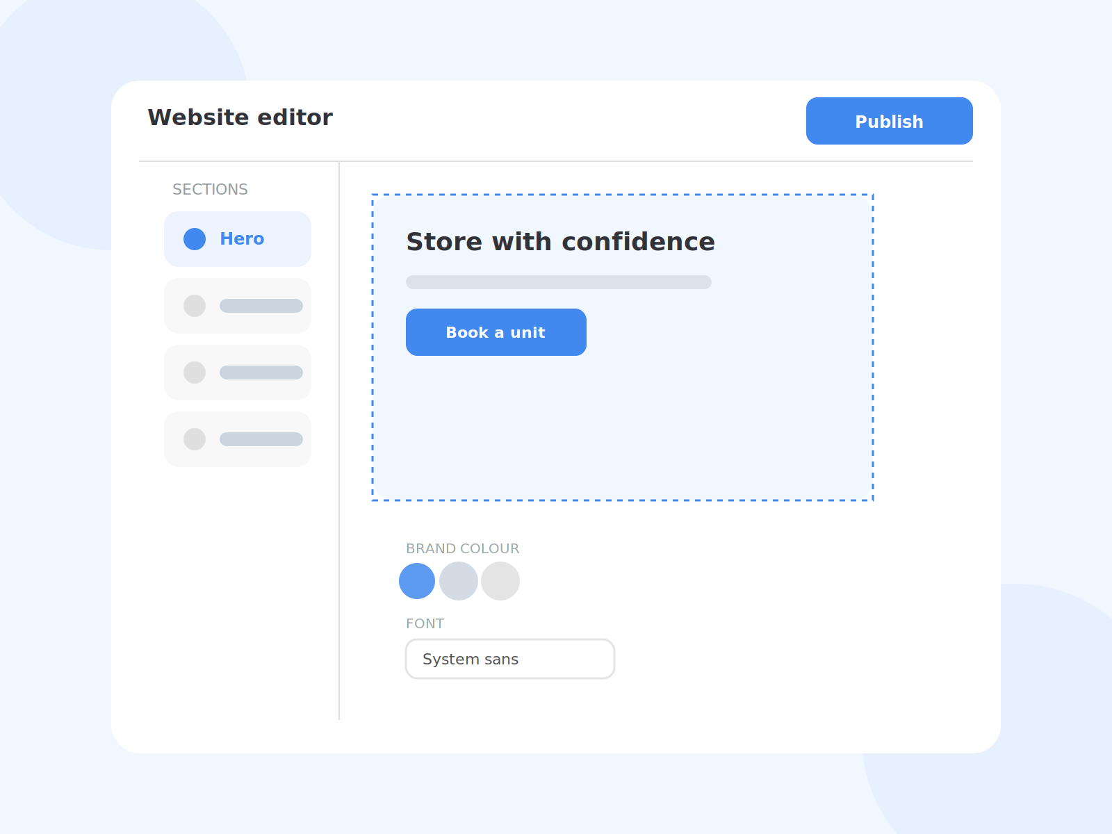 Website editor with section list, hero preview and brand style panel