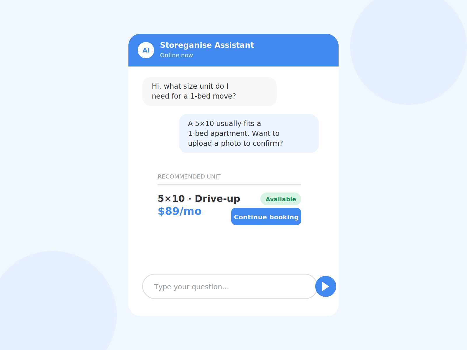 AI chat assistant recommending a unit size and price to a customer