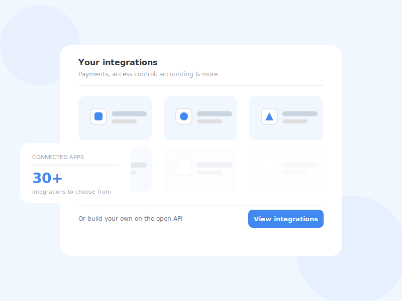 Grid of connected integration apps with an open API call-to-action for more options.