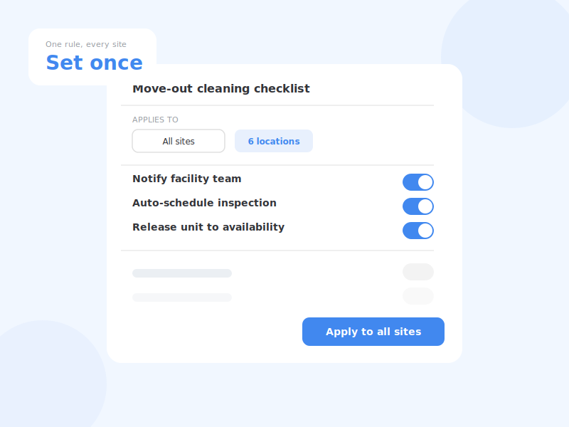 Move-out cleaning checklist automation rule applied to all storage sites