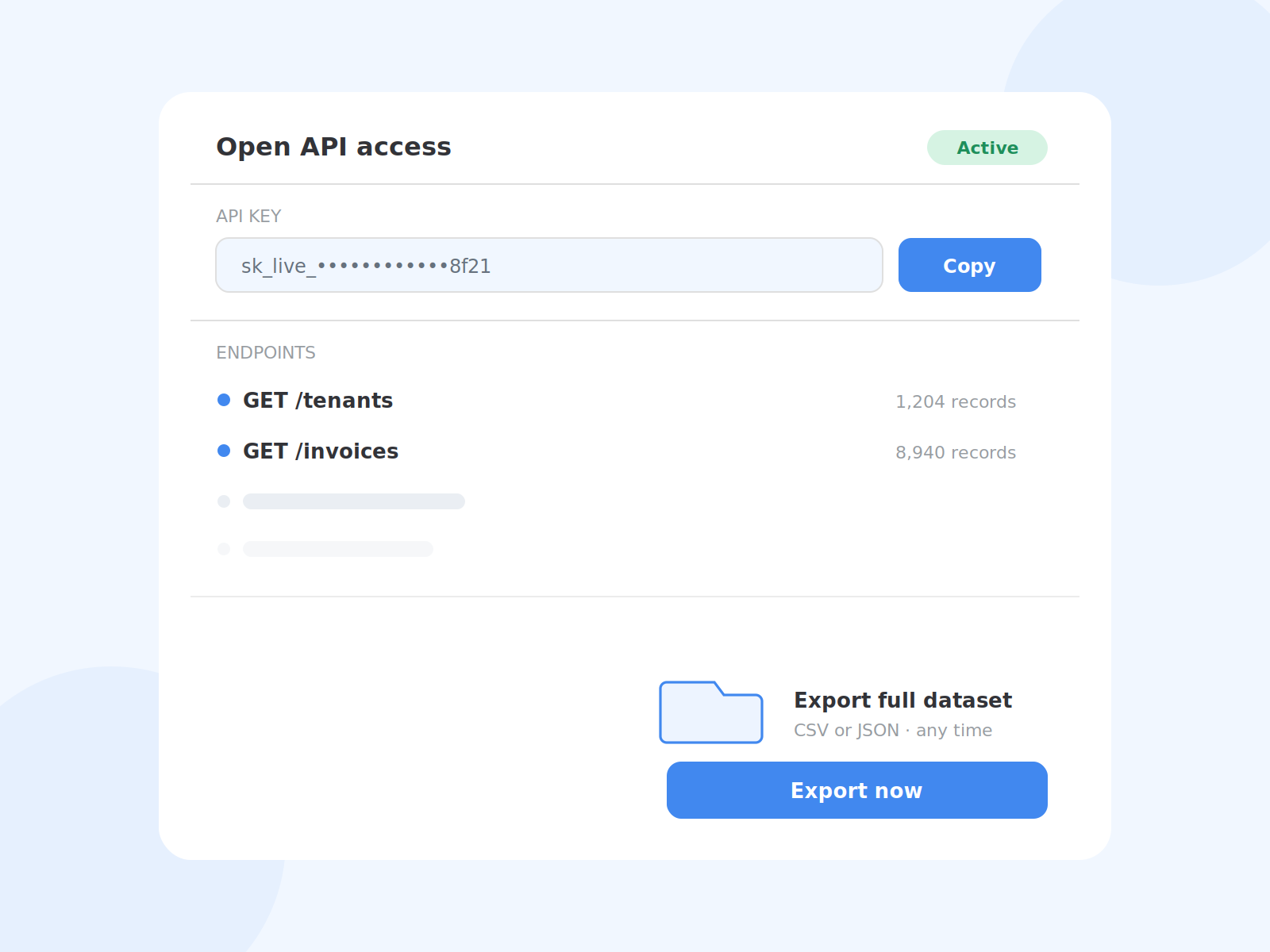 Open API dashboard showing API key, live endpoints and a full data export in progress.