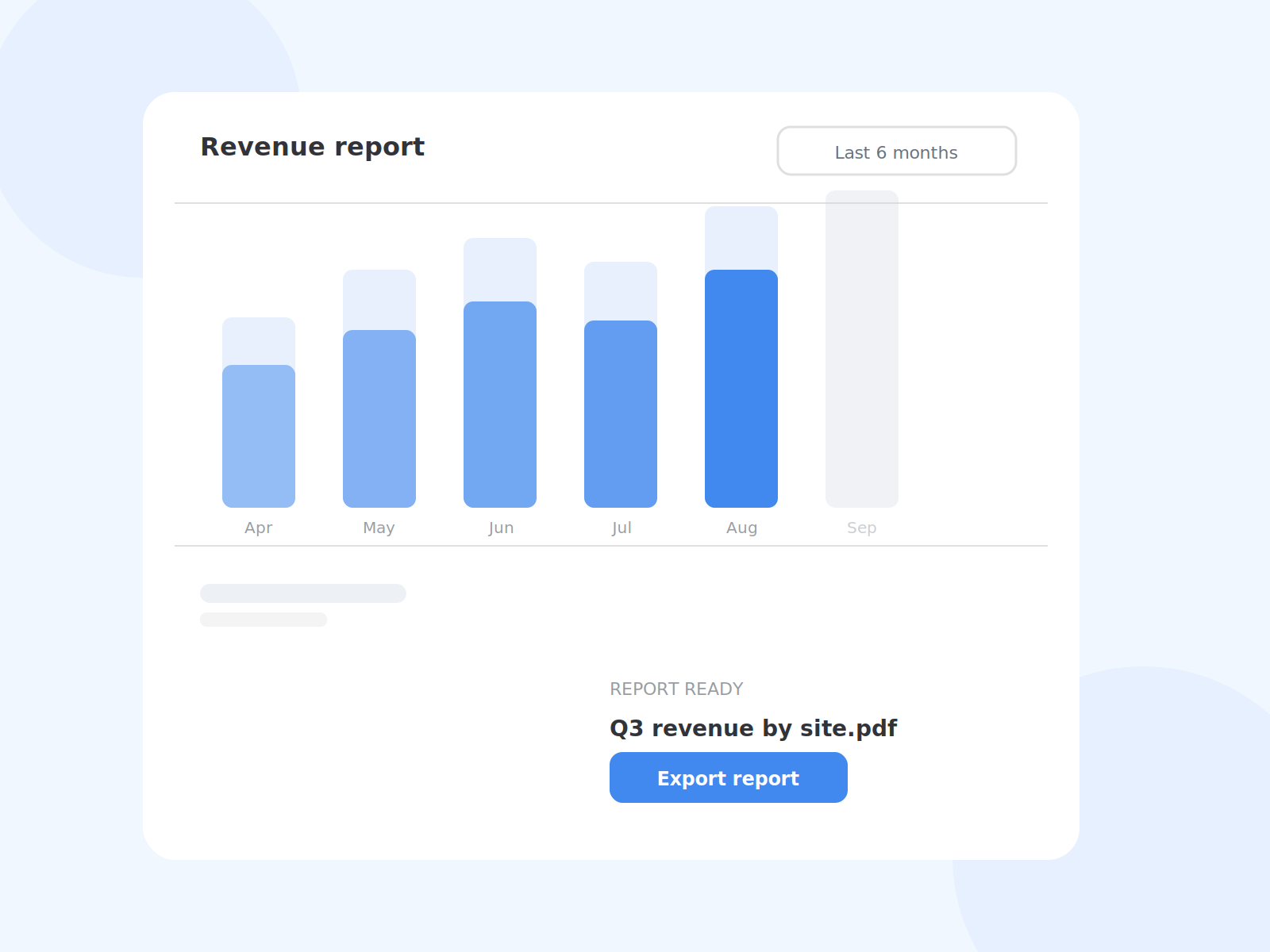 Revenue report with a monthly bar chart and a one-click PDF export button.