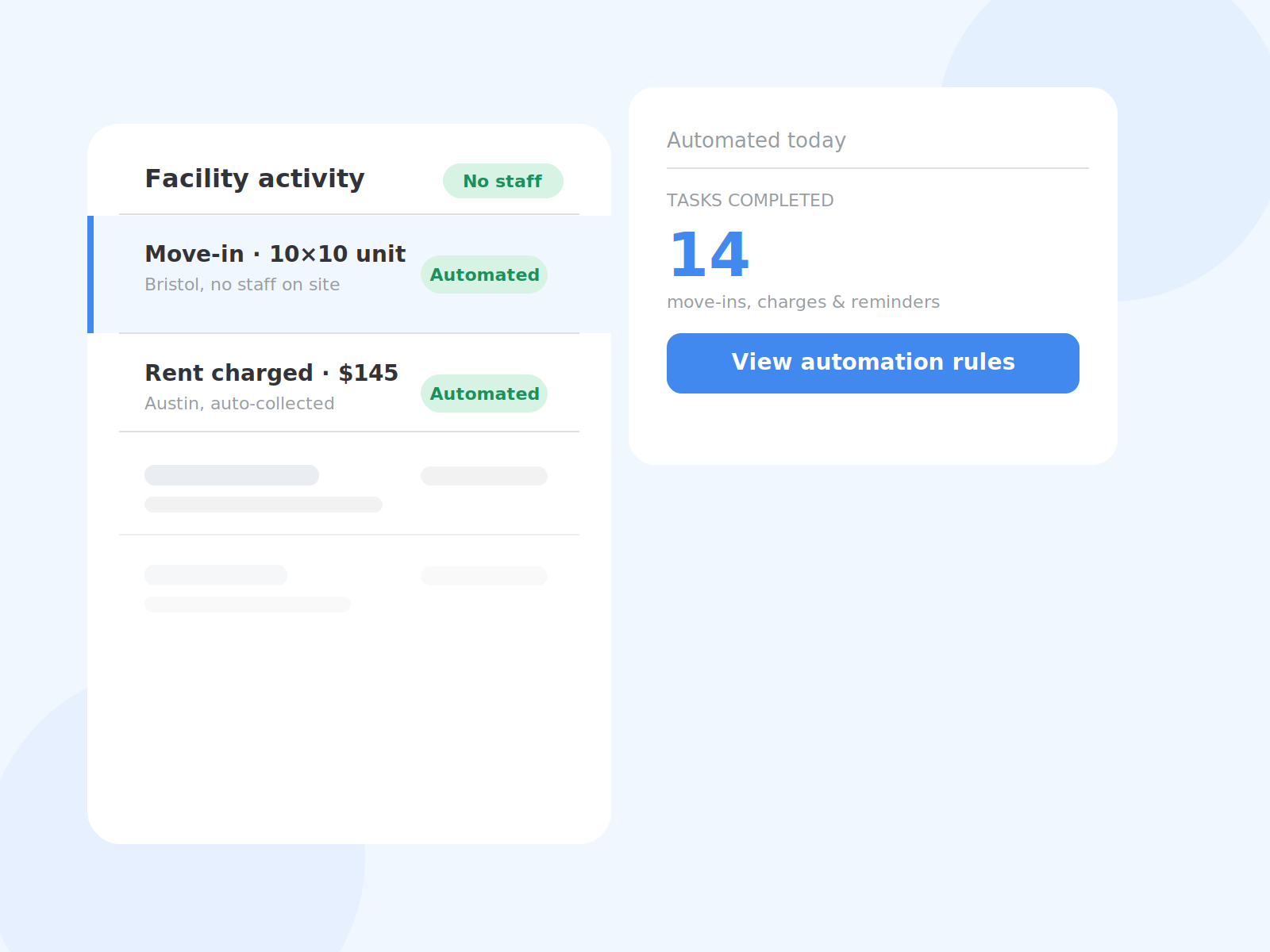 Dashboard showing move-in and rent charges completed automatically without any staff involved.