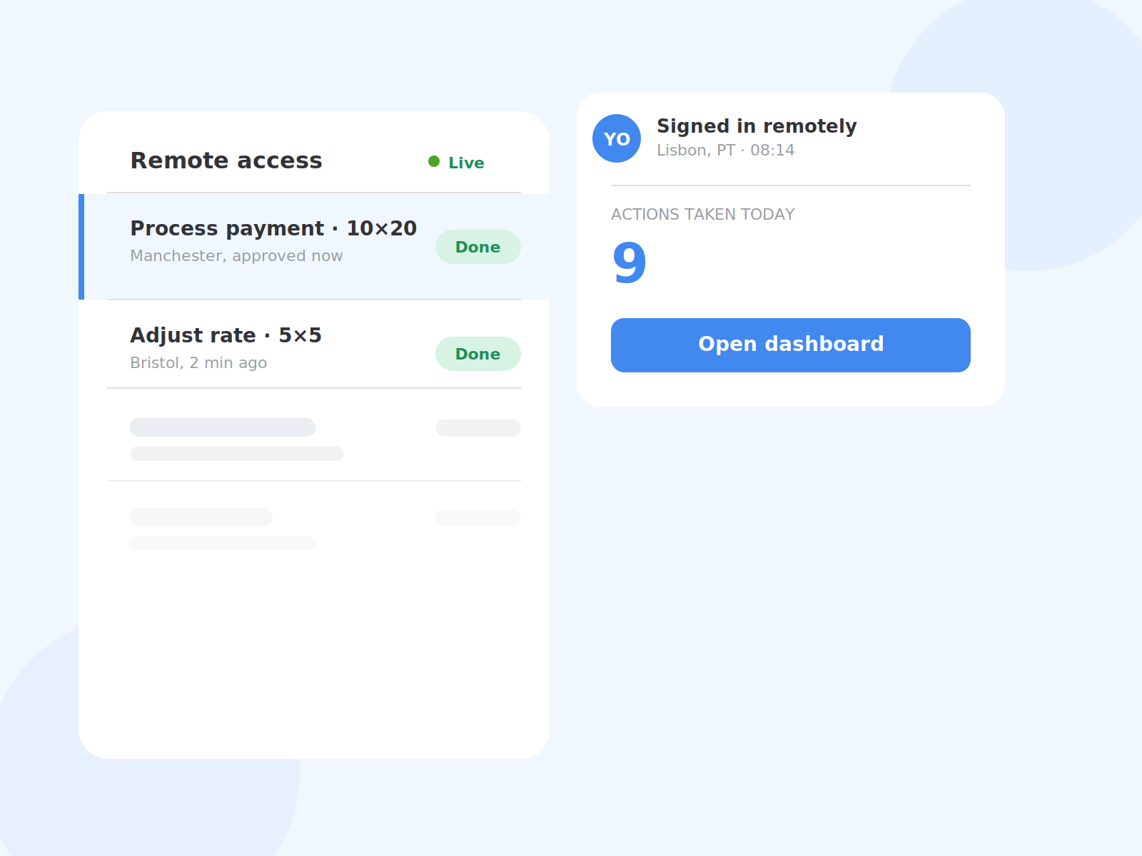Remote dashboard showing a payment processed and unit rate adjusted from another location.
