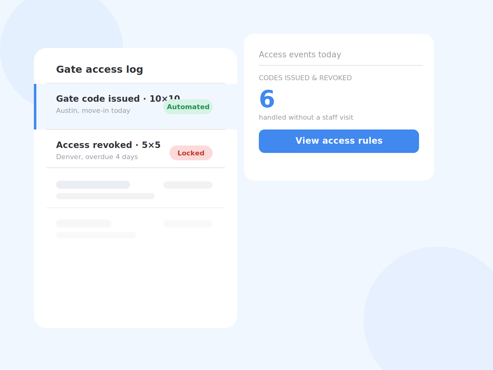 Gate access log showing codes issued and revoked automatically without a site visit.