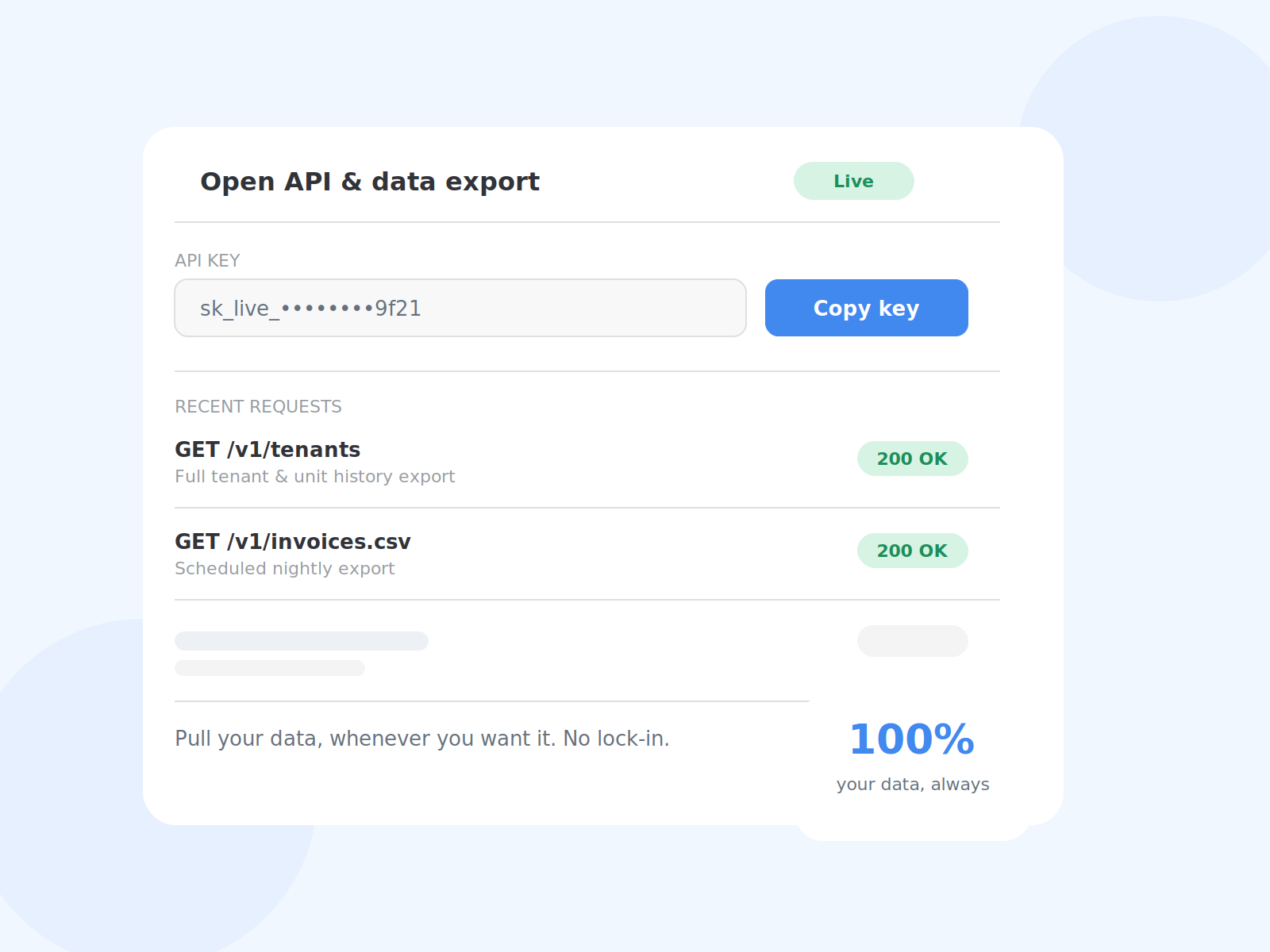 API dashboard showing an API key, recent data export requests, and successful responses.