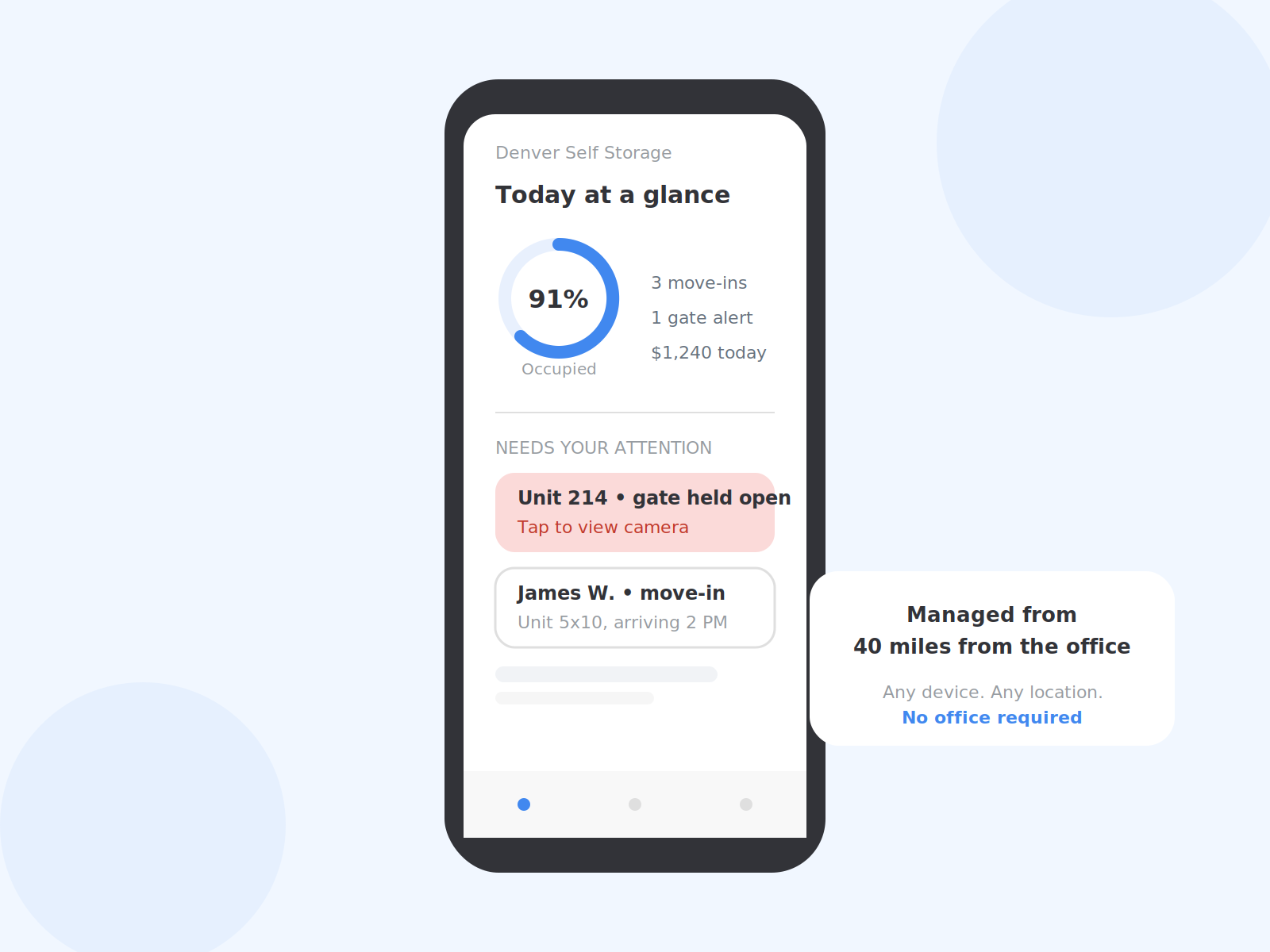 Phone dashboard showing occupancy, move-ins, and alerts managed from outside the office.