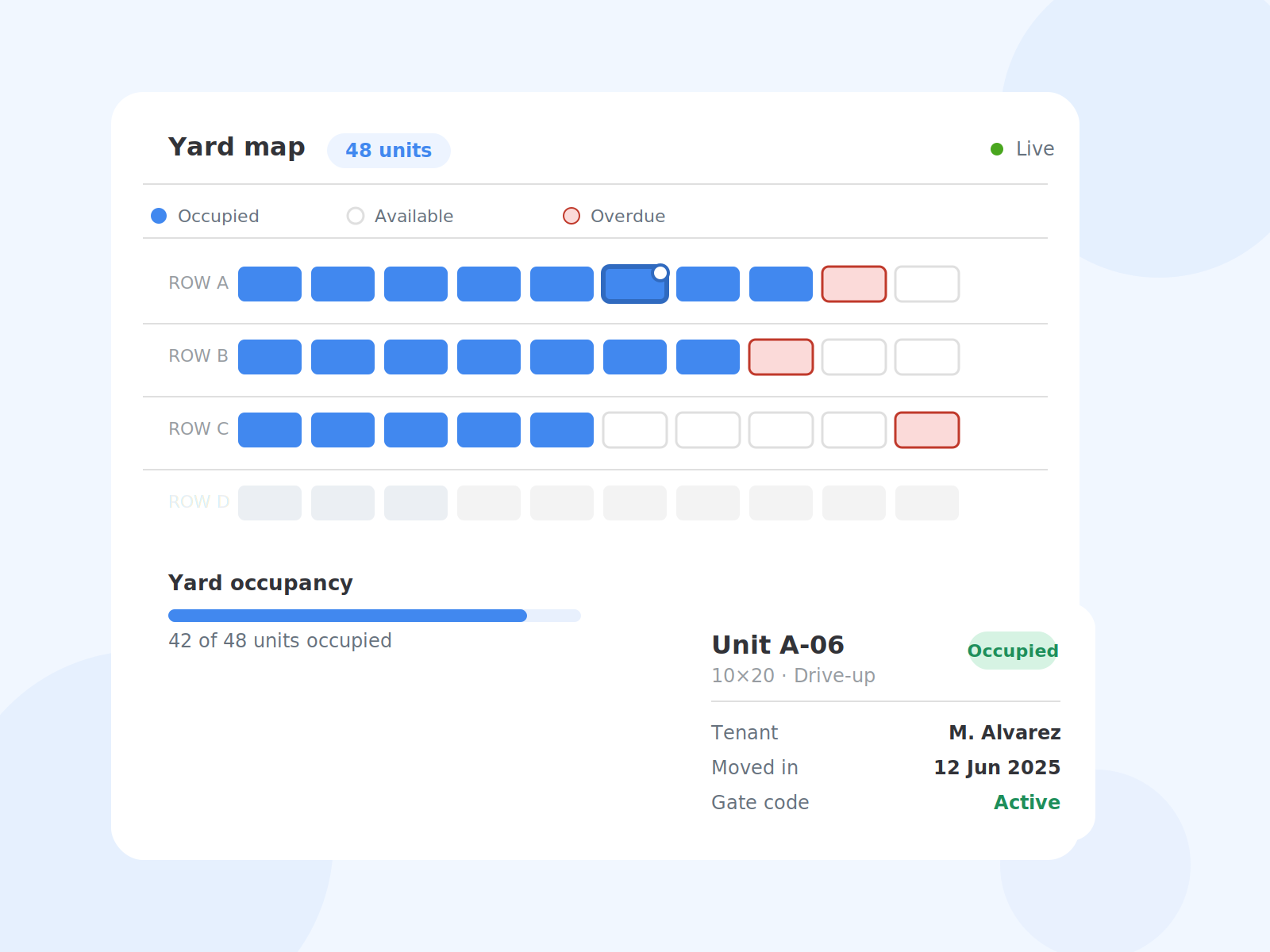 Interactive site map of a container yard showing unit status and occupancy.