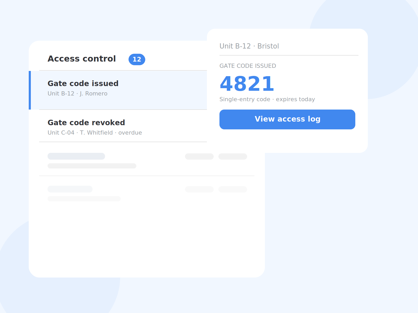 Access control integration automatically issuing a tenant gate code.